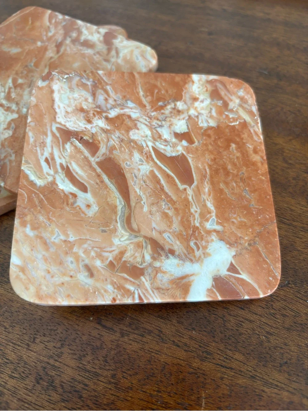 Vintage Studio Now Dusty Orange Marble Coater Set of Four w Cork Back 4”